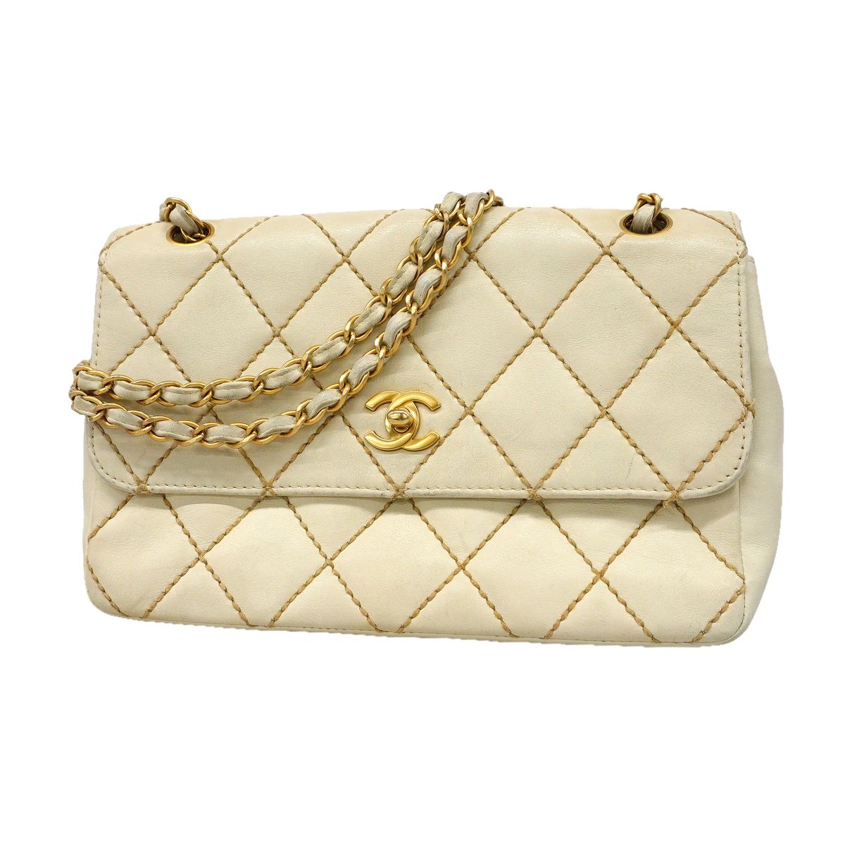 Chanel Shoulder Bag Wild Stitch Leather White Gold
