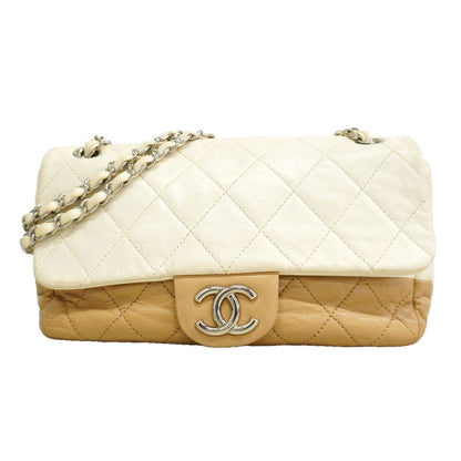 Chanel Shoulder Bag Quilted Calfskin White Brown Silver