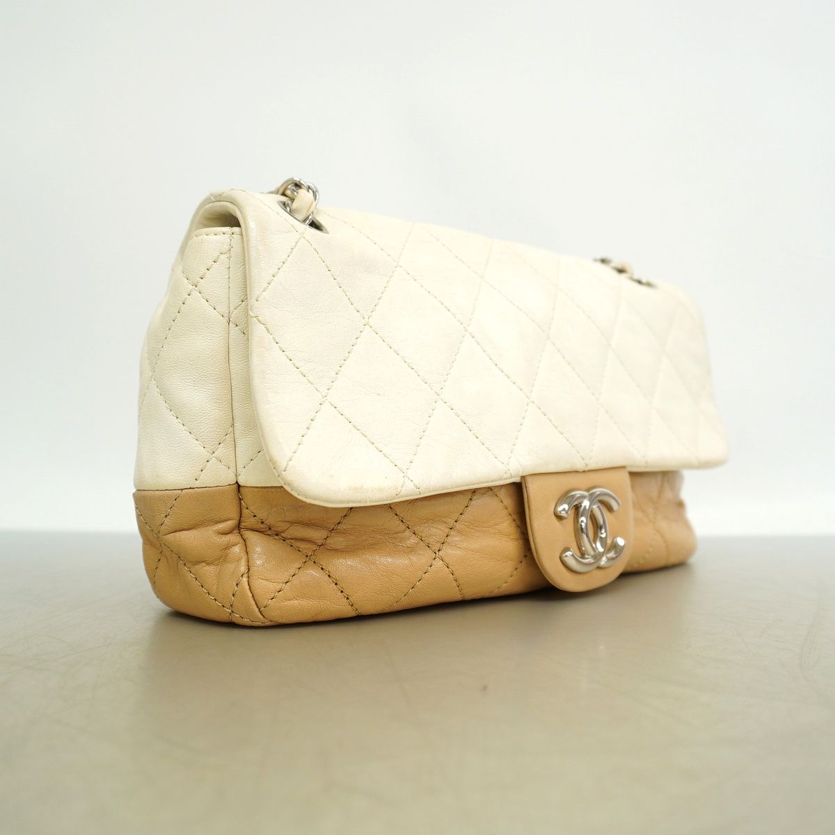 Chanel Shoulder Bag Quilted Calfskin White Brown Silver — view 2