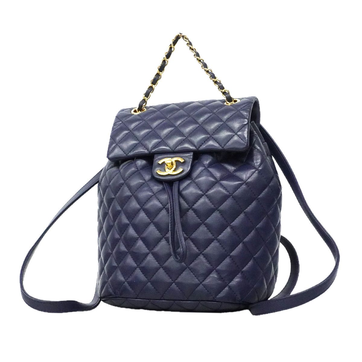 Chanel Backpack Quilted Lambskin Navy Gold