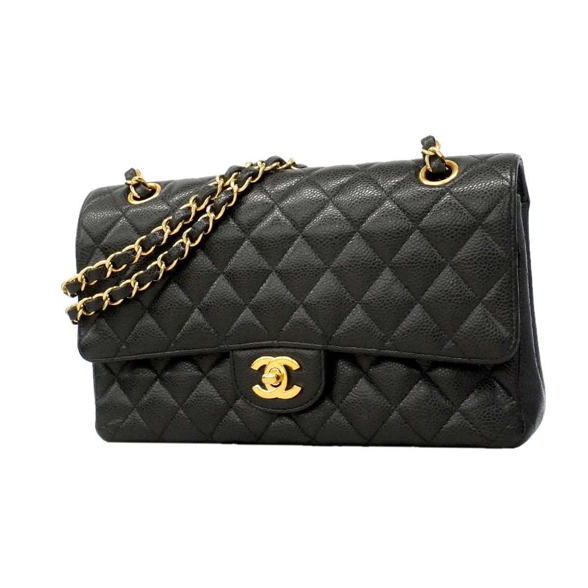 Chanel Shoulder Bag Quilted Caviar Leather Black Gold