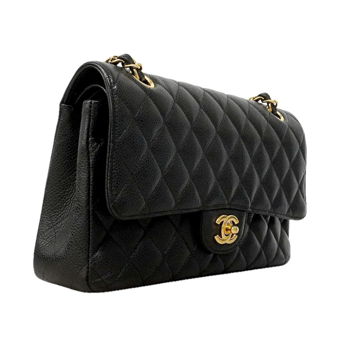Chanel Shoulder Bag Quilted Caviar Leather Black Gold — view 2