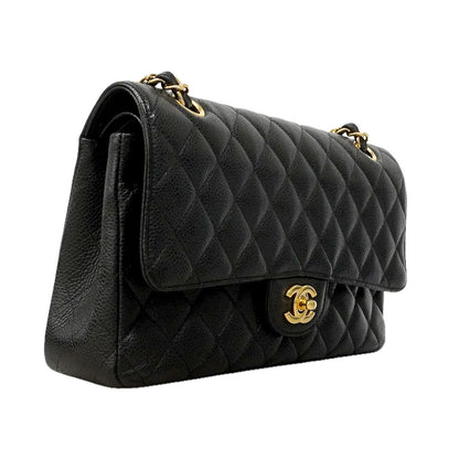 Chanel Shoulder Bag Quilted Caviar Leather Black Gold — view 2