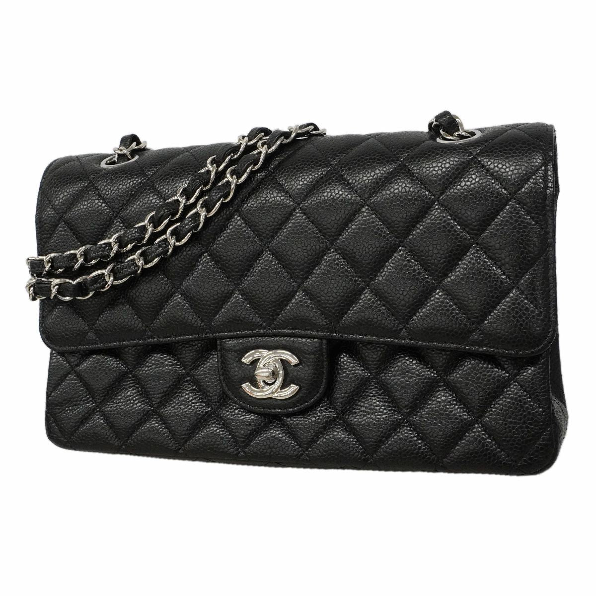Chanel Shoulder Bag Quilted Caviar Leather Black Silver