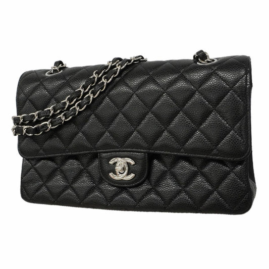 Chanel Shoulder Bag Quilted Caviar Leather Black Silver