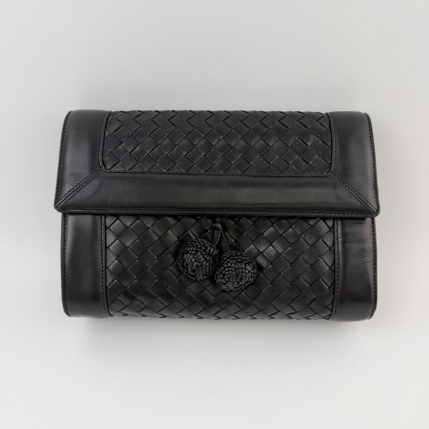 Bottega Veneta Intrecciato Knot Clutch Handbag Leather Black Gold Vintage