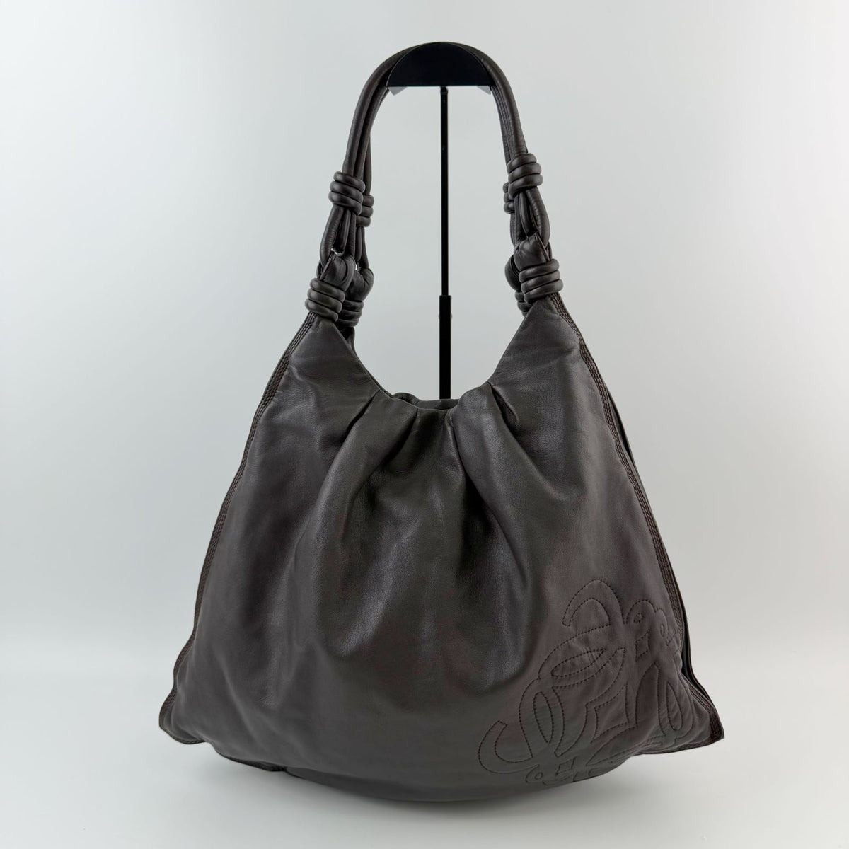 Loewe Anagram Knot Handle Shoulder Bag Leather Dark Brown Vintage — view 3