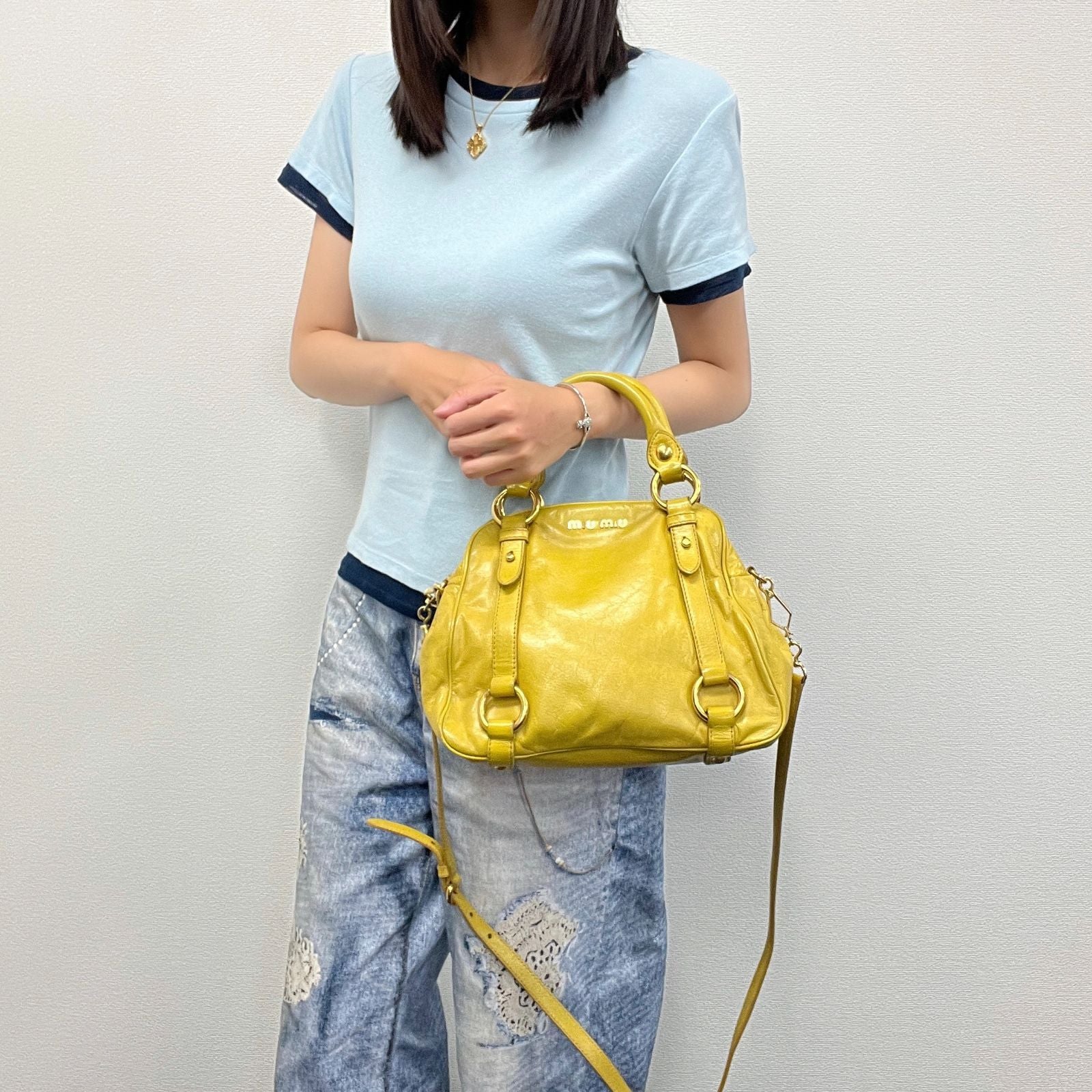 Miu Miu Vitterolux Gathered 2-Way Shoulder Bag Leather Yellow Gold Vintage — view 3