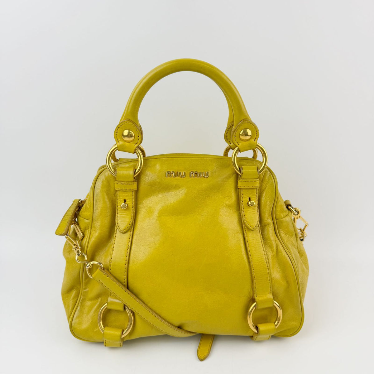 Miu Miu Vitterolux Gathered 2-Way Shoulder Bag Leather Yellow Gold Vintage
