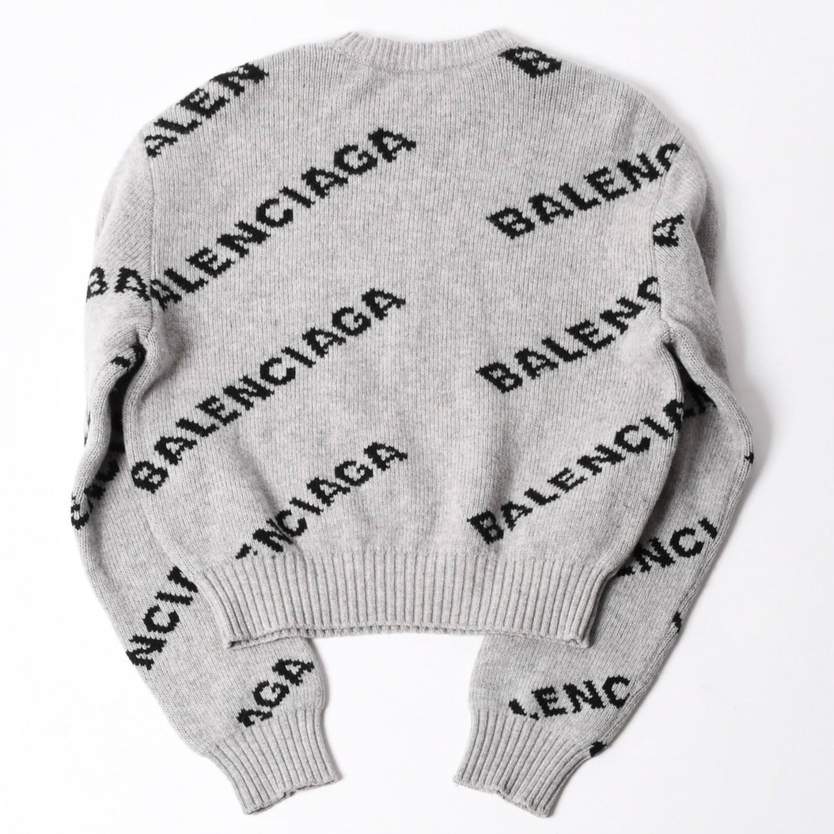 Balenciaga All Over Print Logo Crew Neck Knit Sweater Wool Gray Black — view 2
