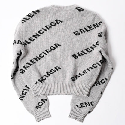 Balenciaga All Over Print Logo Crew Neck Knit Sweater Wool Gray Black — view 2