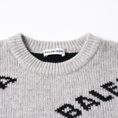 Balenciaga All Over Print Logo Crew Neck Knit Sweater Wool Gray Black — view 3