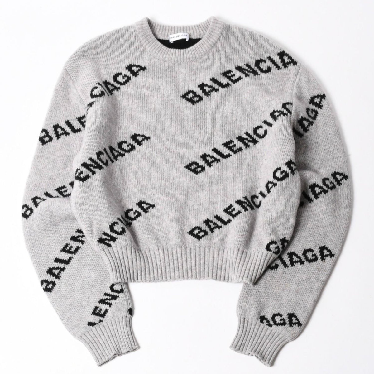 Balenciaga All Over Print Logo Crew Neck Knit Sweater Wool Gray Black
