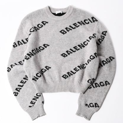Balenciaga All Over Print Logo Crew Neck Knit Sweater Wool Gray Black
