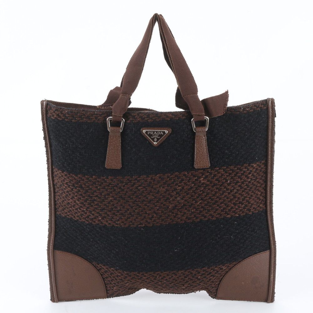 Prada Triangle Logo Leather Tweed Tote