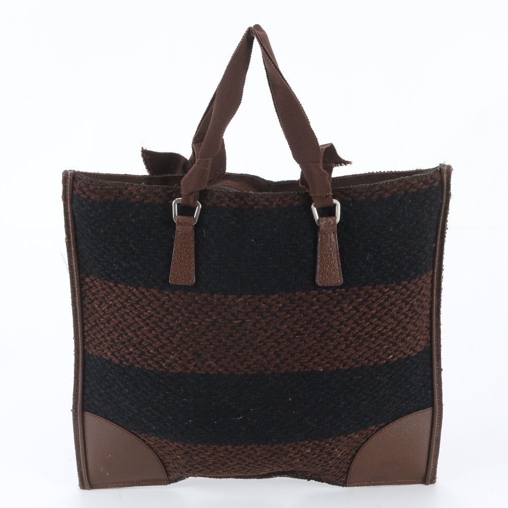 Prada Triangle Logo Leather Tweed Tote — view 3