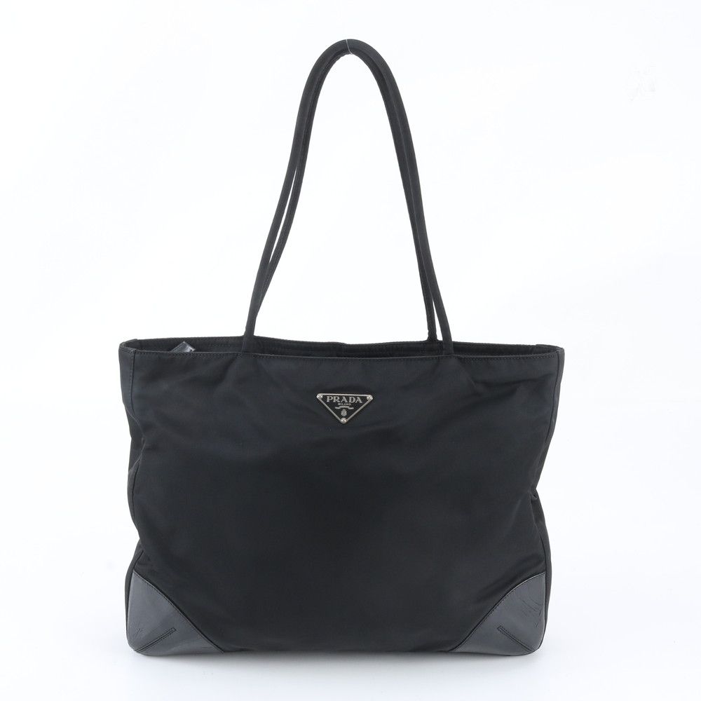 Prada Tessuto Nylon Triangle Logo Leather Tote Shoulder Black