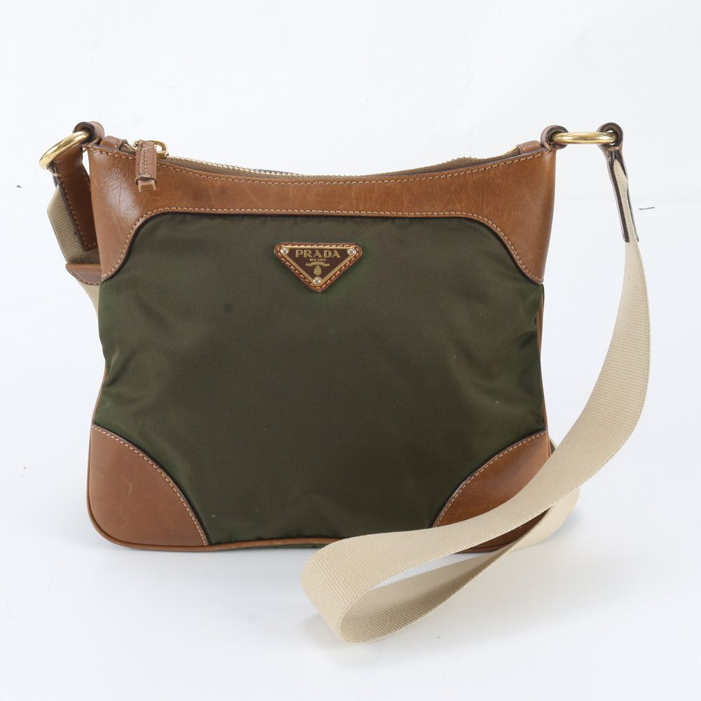 Prada Tessuto Nylon Triangle Logo Leather Shoulder Bag Crossbody Messenger