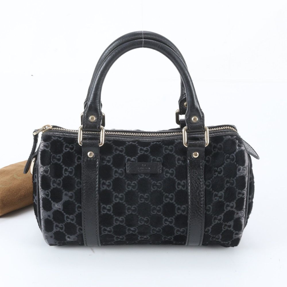 Gucci GG Canvas Calf Hair Mini Boston Leather Handbag Tote Black