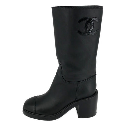 Chanel CC Logo Leather Boots 38C Black — view 2