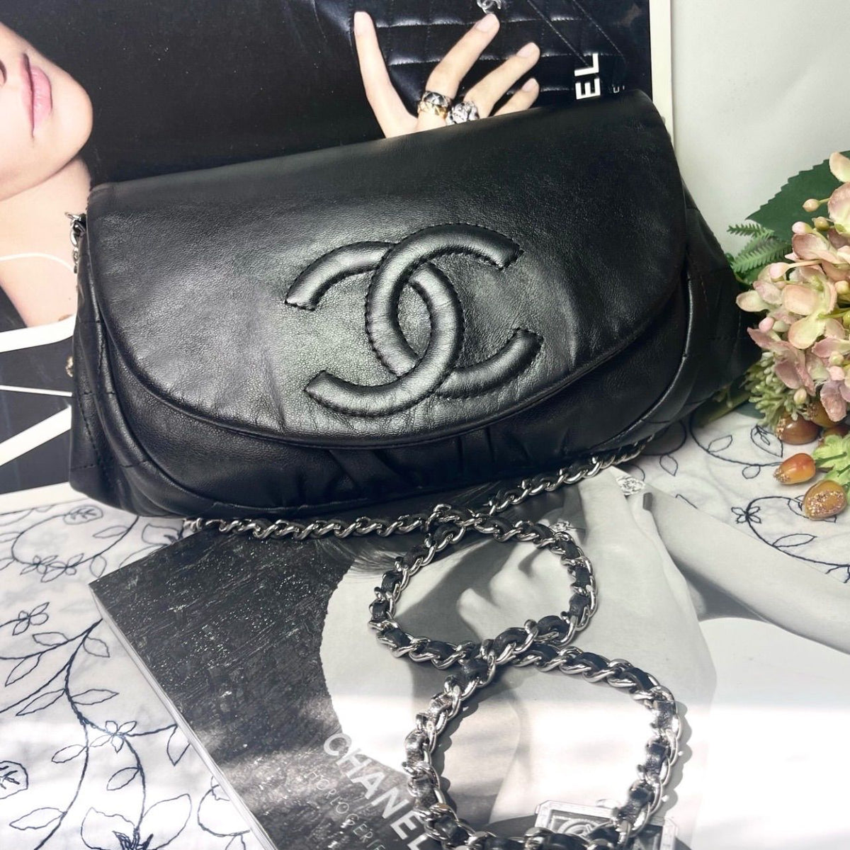 Chanel Half Moon Lambskin Chain Shoulder Bag Black