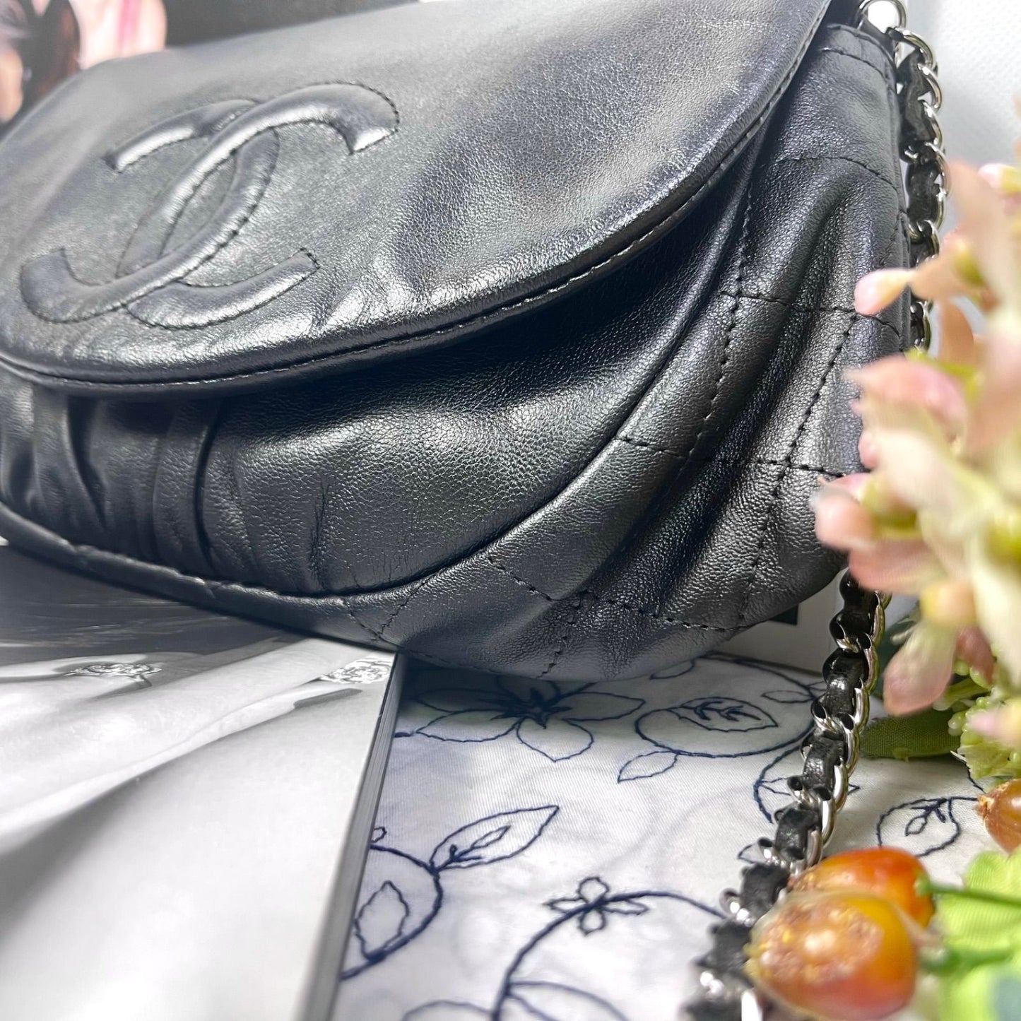 Chanel Half Moon Lambskin Chain Shoulder Bag Black — view 5