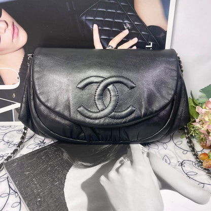 Chanel Half Moon Lambskin Chain Shoulder Bag Black — view 2