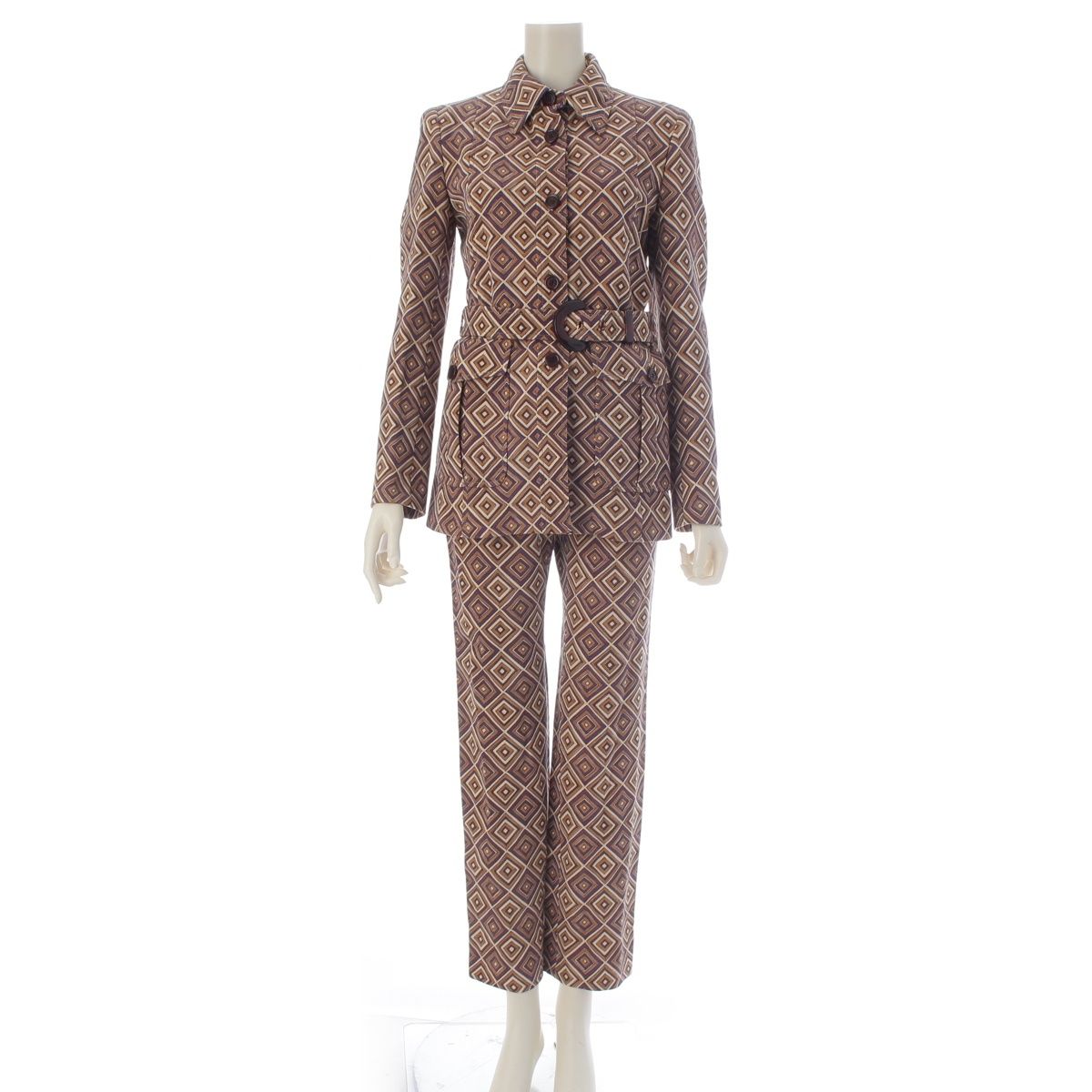 Prada Vintage Wool All Over Print Jacket Pants Set Brown Purple 38