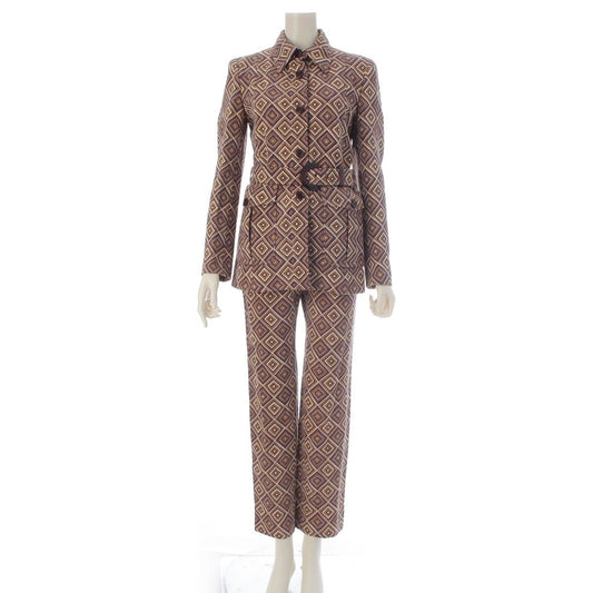 Prada Vintage Wool All Over Print Jacket Pants Set Brown Purple 38