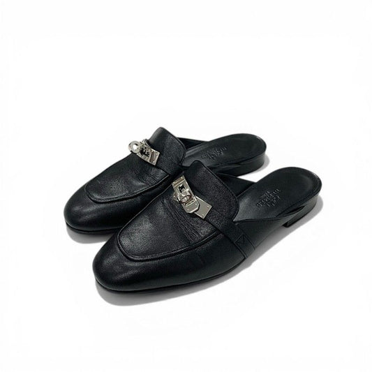 Hermes Oz Sandals Shoes Leather Black Silver Mules Kelly Slippers