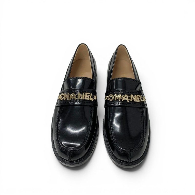 Chanel Loafers Leather Shoes Patent Black Gold Logo CC Chain — view 2