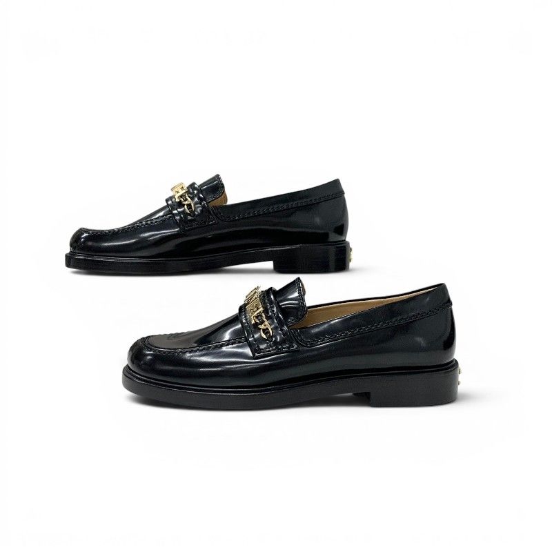 Chanel Loafers Leather Shoes Patent Black Gold Logo CC Chain — view 3