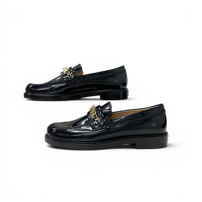 Chanel Loafers Leather Shoes Patent Black Gold Logo CC Chain — view 3