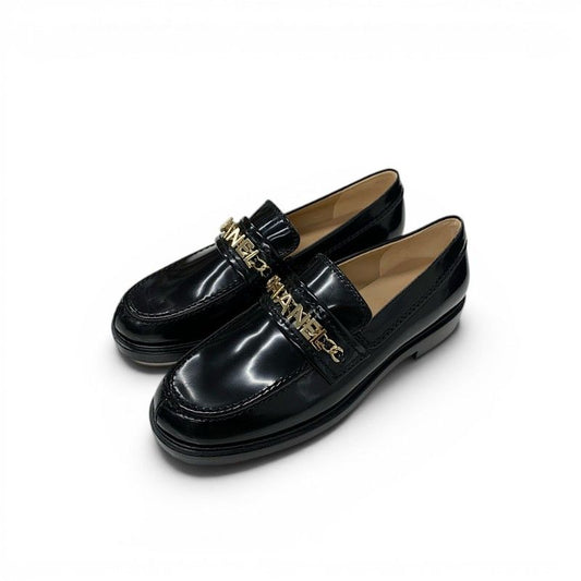 Chanel Loafers Leather Shoes Patent Black Gold Logo CC Chain