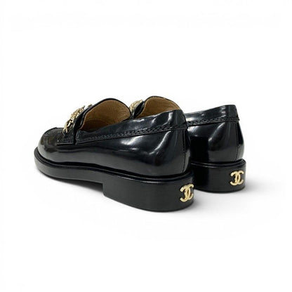 Chanel Loafers Leather Shoes Patent Black Gold Logo CC Chain — view 4