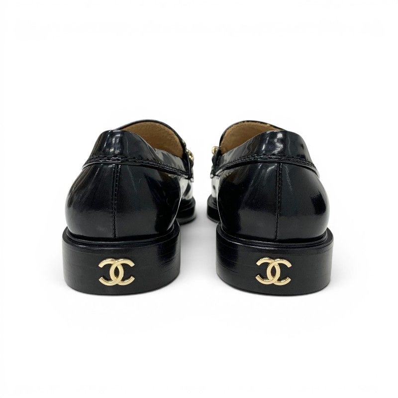 Chanel Loafers Leather Shoes Patent Black Gold Logo CC Chain — view 5
