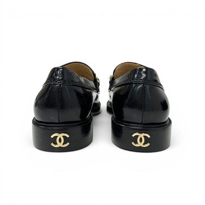 Chanel Loafers Leather Shoes Patent Black Gold Logo CC Chain — view 5