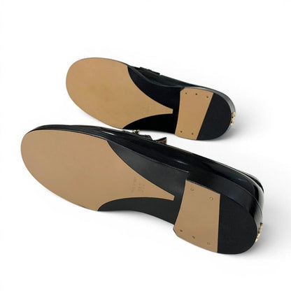 Chanel Loafers Leather Shoes Patent Black Gold Logo CC Chain — view 6