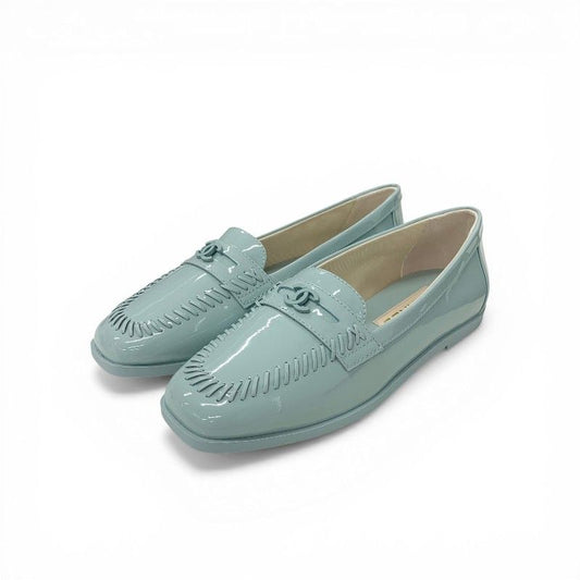 Chanel Loafers Leather Shoes Patent Light Blue CC Logo Stitch Flats