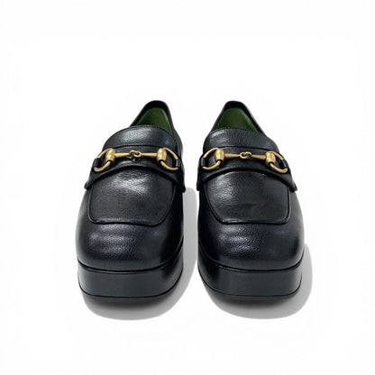 Gucci Loafers Leather Shoes Black Gold Horsebit Platforms — view 2