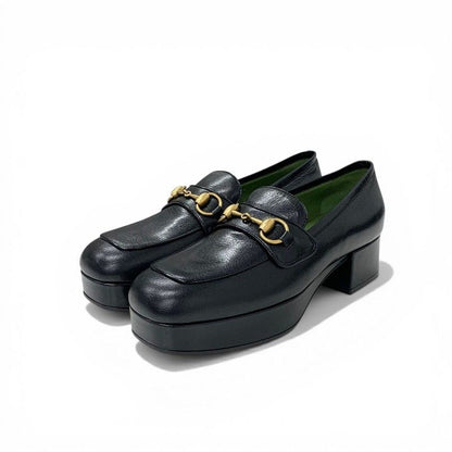Gucci Loafers Leather Shoes Black Gold Horsebit Platforms