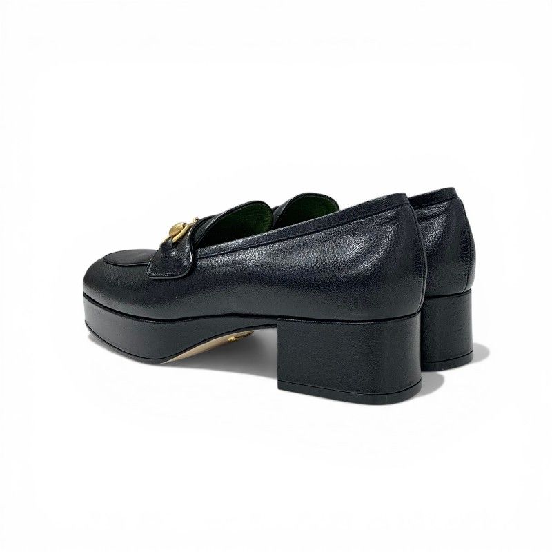 Gucci Loafers Leather Shoes Black Gold Horsebit Platforms — view 4