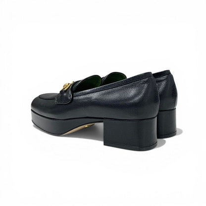 Gucci Loafers Leather Shoes Black Gold Horsebit Platforms — view 4