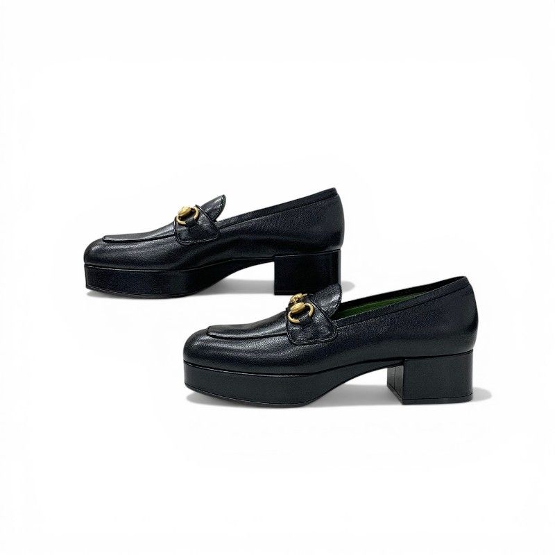 Gucci Loafers Leather Shoes Black Gold Horsebit Platforms — view 3
