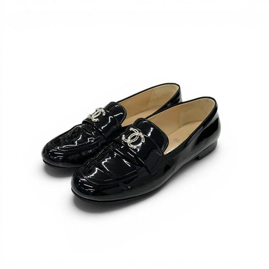 Chanel Loafers Leather Shoes Patent Black Silver CC Logo Rhinestone Pearl