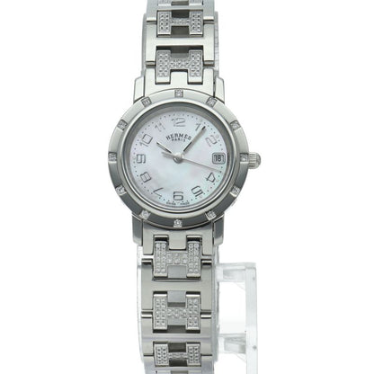 Hermes Clipper Nacre Watch Diamond Bezel Bracelet SS White — view 2