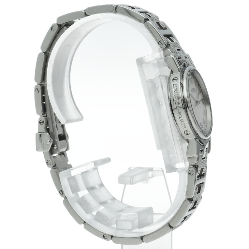 Hermes Clipper Nacre Watch Diamond Bezel Bracelet SS White — view 4