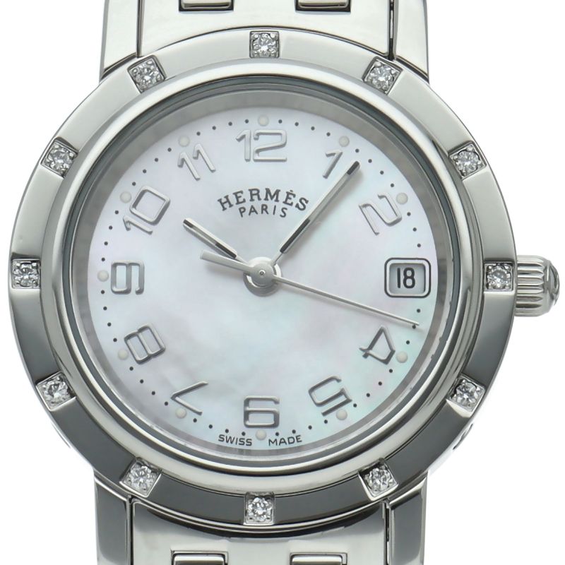 Hermes Clipper Nacre Watch Diamond Bezel Bracelet SS White