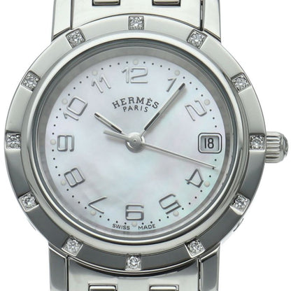 Hermes Clipper Nacre Watch Diamond Bezel Bracelet SS White