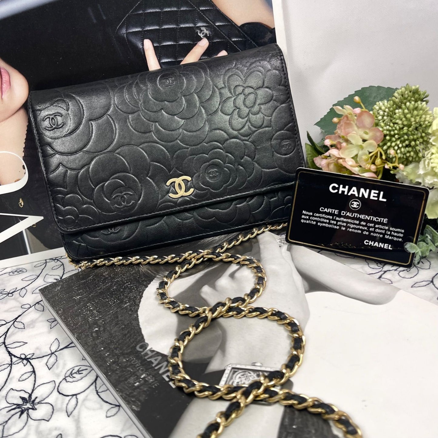 Chanel Chain Wallet Camellia Black Shoulder Bag